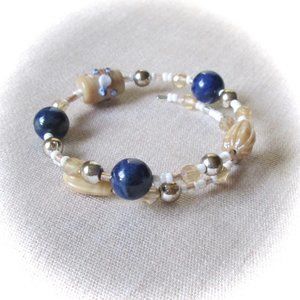 "Seashells by the Ocean" blue/tan beaded bracelet